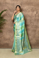 Grey- Green Pure Katan Chiniya Banarasi Handloom Saree With Tanchoi Border